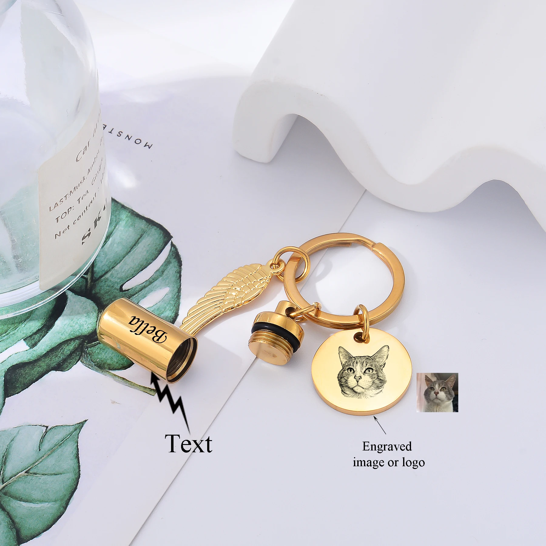 Personalized Cylinder Urn Keychain for Ashes Stainless Steel Round Charms with Wing Custom image Name Date Memorial Jewelry Gif
