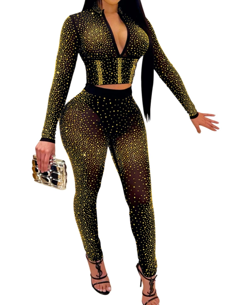 

Женский сексуальный комплект из двух предметов с воротником-стойкой и стразами на молнии спереди, укороченный топ с длинными рукавами и узкие брюки с высокой талией