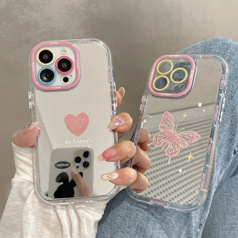 Lovely Love Butterfly Makeup Mirror Case For iPhone 16 15 13 14 Pro Max 13 11 12 X XR XSMAX Silicone Bumper Cute Back Covers Y2k