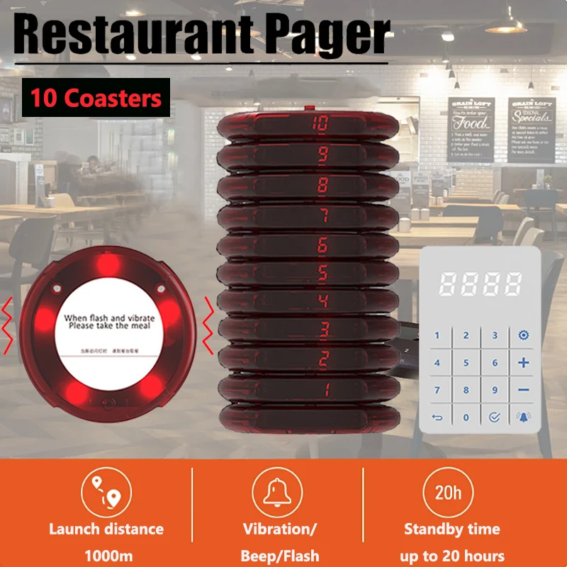 sistema de chamadas sem fio para restaurante pagers receiver pager para bar cafe praca de alimentacao fast food shop 10 coasters buzzer 01