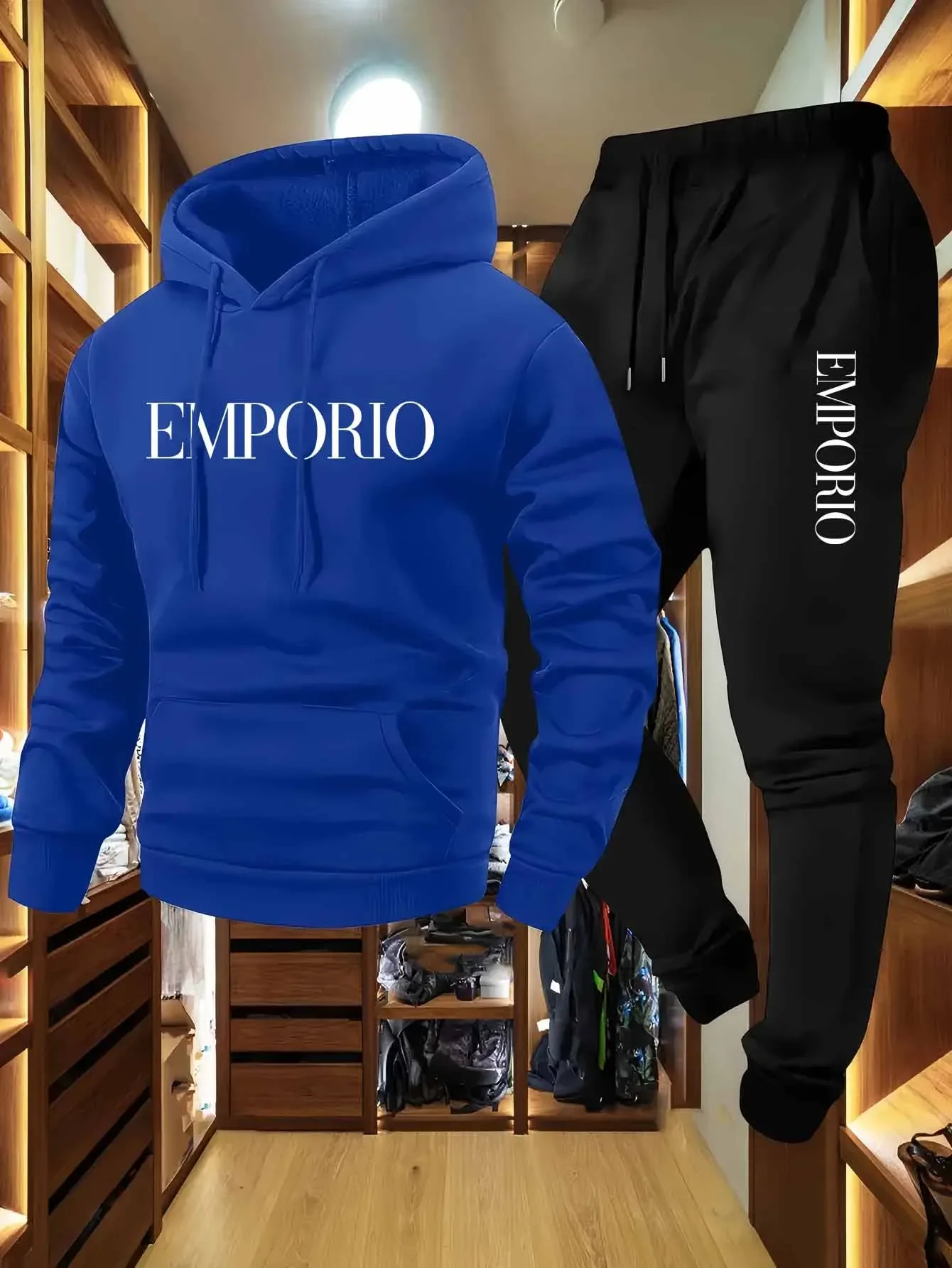 

2025 Men's Printed Sports Set Autumn/Winter Warm Hooded Sweatshirt and Joggers Casual Streetwear Hoodie Set Fitness & Sports