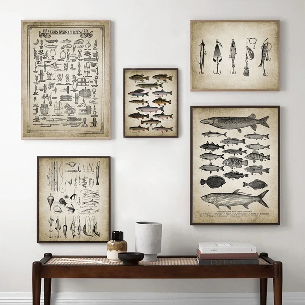 Vintage Fishing Lure Poster Retro Breeds of Fish Prints Man Cave Wall Art Canvas Painting Fisherman Gifts Lake House Decoration