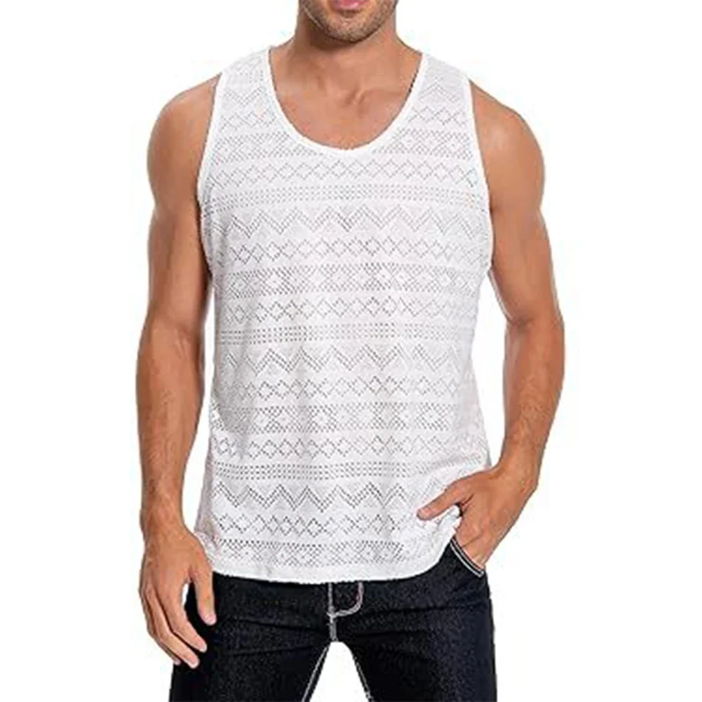 

Male Top Men Tank Breathable Classic Crewneck For Sports Daily Handsome Hollow Lightweight Skin-friendly Solid