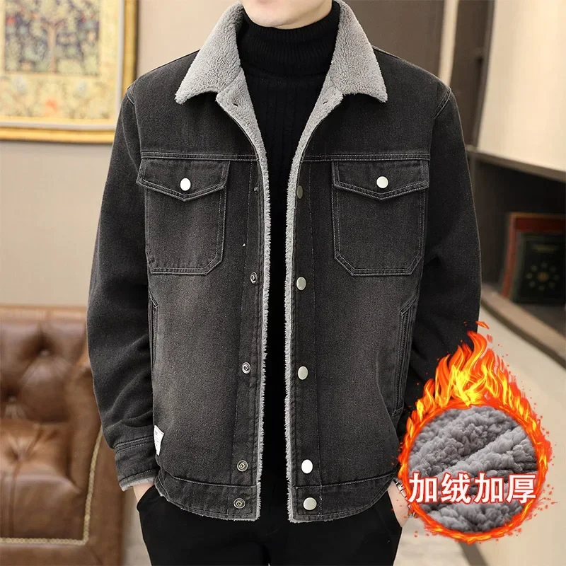 high quality winter denim jacket and coat for men plush lining big size new 2023 causal outerwear clothing - black blue