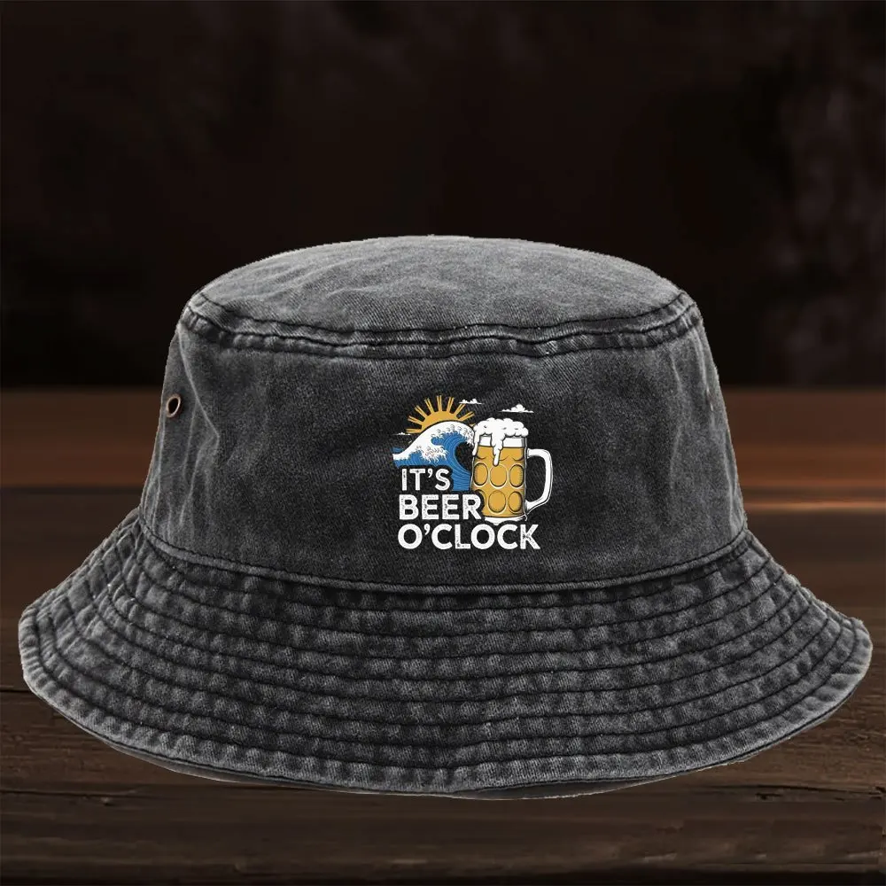 1 chapeau de pêcheur lavé de haute qualité, motif amusant avec inscription « Il est temps de boire de la bière », style européen et américain, unisexe