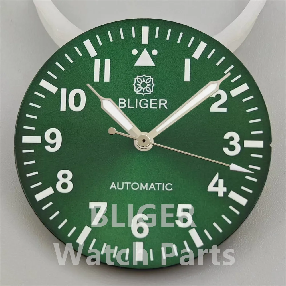 BLIGER 29mm esfera de reloj índice numérico blanco negro verde azul esfera con manecillas luminosas ajuste NH35 NH36 ETA2824 PT5000 movimiento