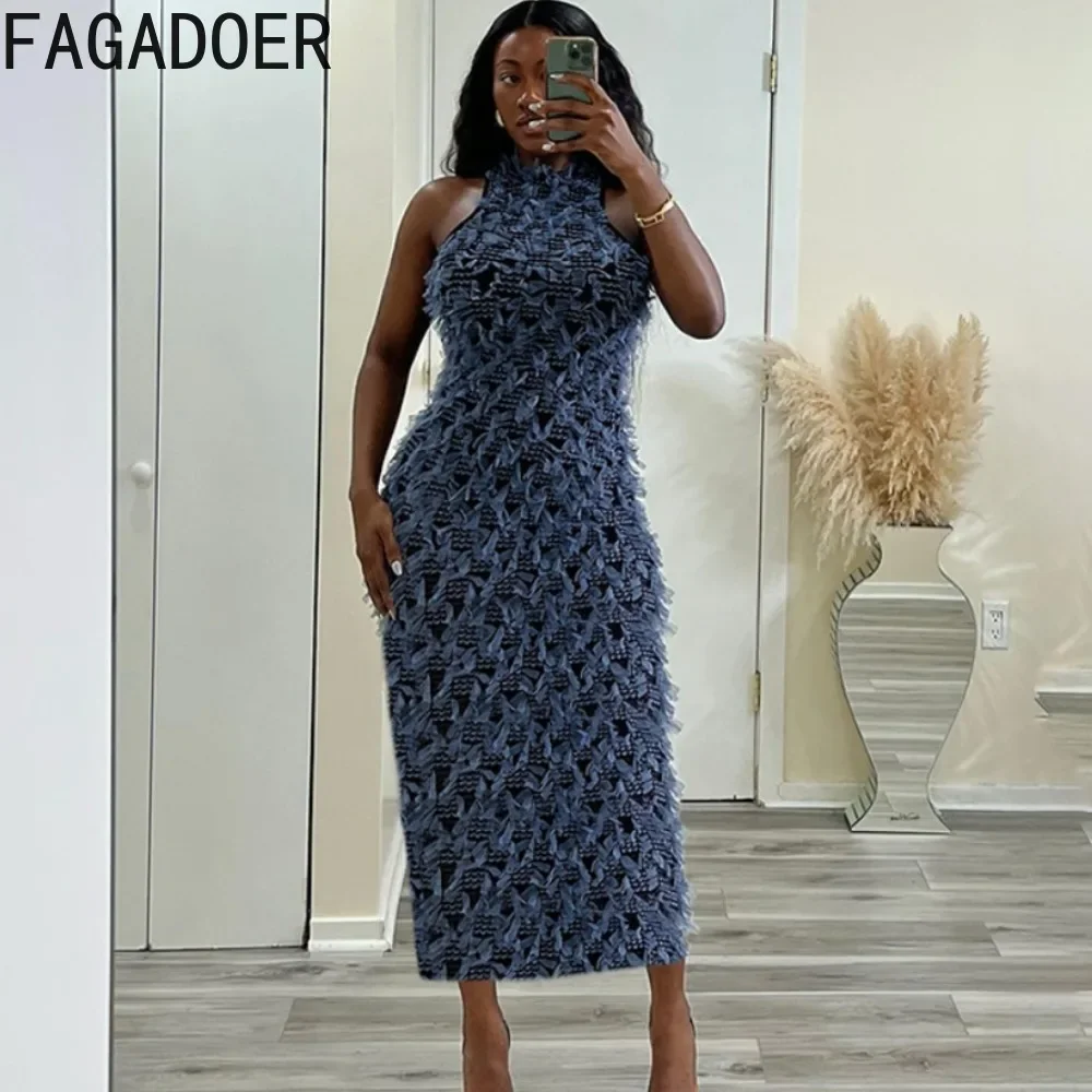 

FAGADOER Fashion Mesh Tassels Bodycon Long Dresses 2024 Women Round Neck Sleeveless Slim Vestidos Sexy Female Splicing Clothing