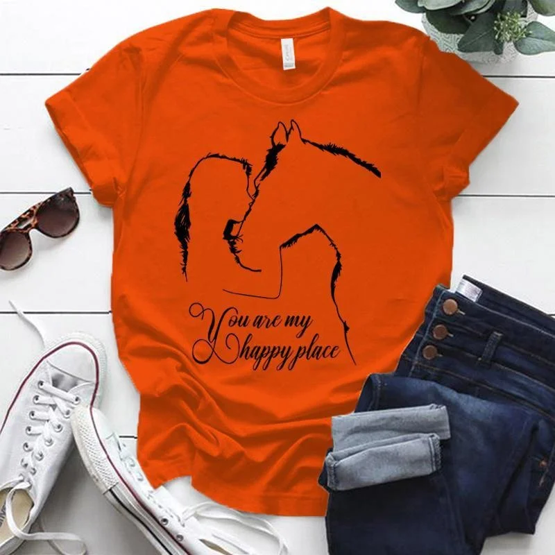 T-shirt manches courtes col rond femme, estival et humoristique, imprimé cheval et fille, You Are My Happy Place