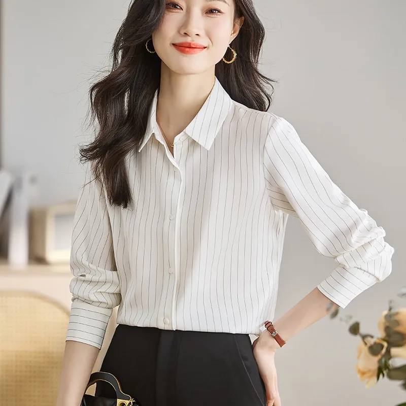 مكتب سيدة طويلة الأكمام رفض طوق المرأة قميص أبيض مخطط الشيفون قميص بلوزة المرأة بلايز Blusas Para Mujer Blusa G845 #4