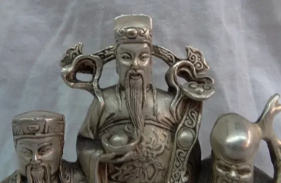 Chinese Silver Buddhism Wealth Fu Lu Shou Peach RuYi Child Mammon God Statue