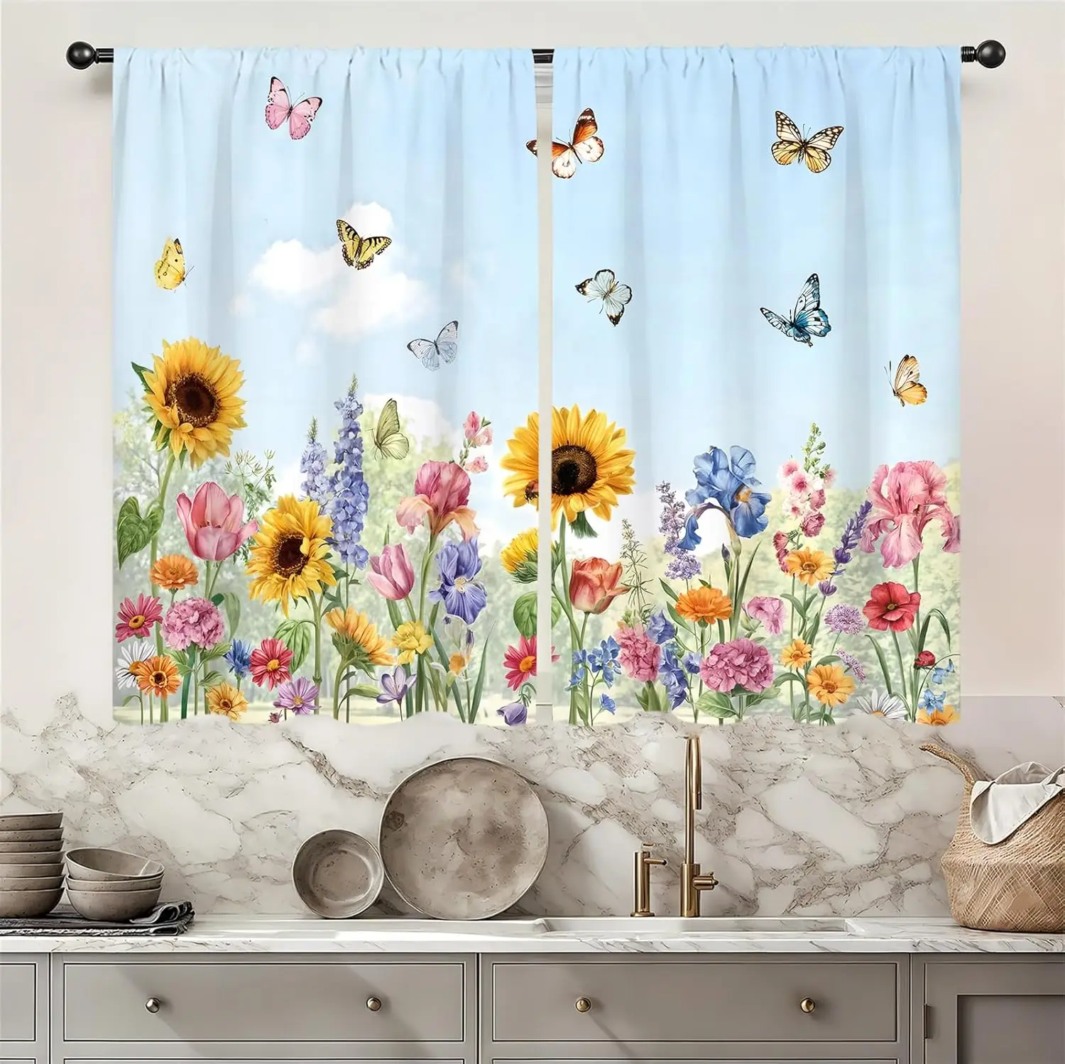 Garden Flower Sunflower Kitchen Curtains 2Panels Wildflower Butterfly Spring Summer Iris Small Short Cafe Tier Curtains Brightly