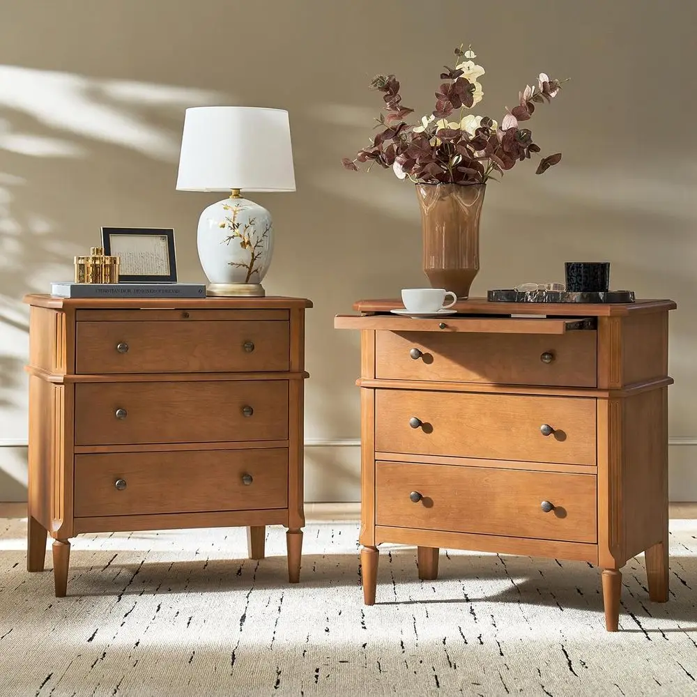 

30 Teak Finish Side Table with Hidden Drawer and Charging Station (Set of 2)