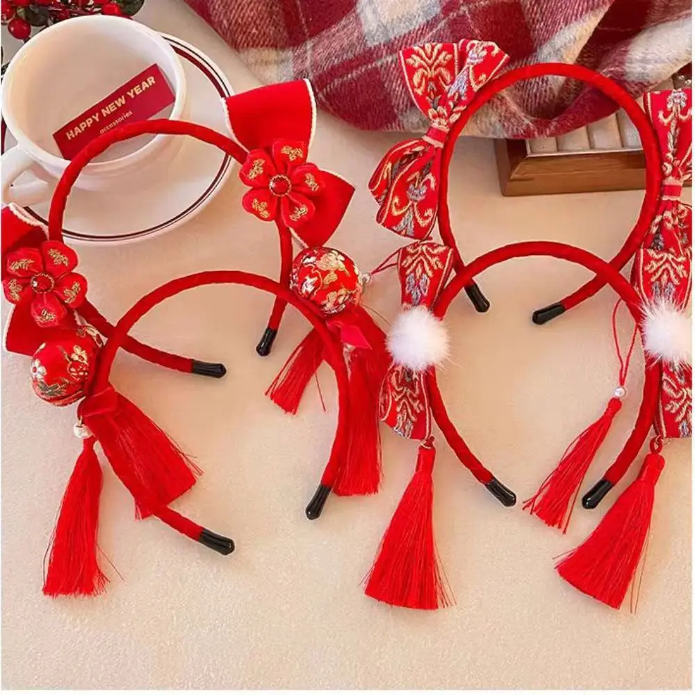 Fuwa Chinese New Year Headwear Tassel Plush Ball Hanfu Hair Bun Hair Hoop Girl Hair Accessories Tang Suit Hair Hoop Red Hairband