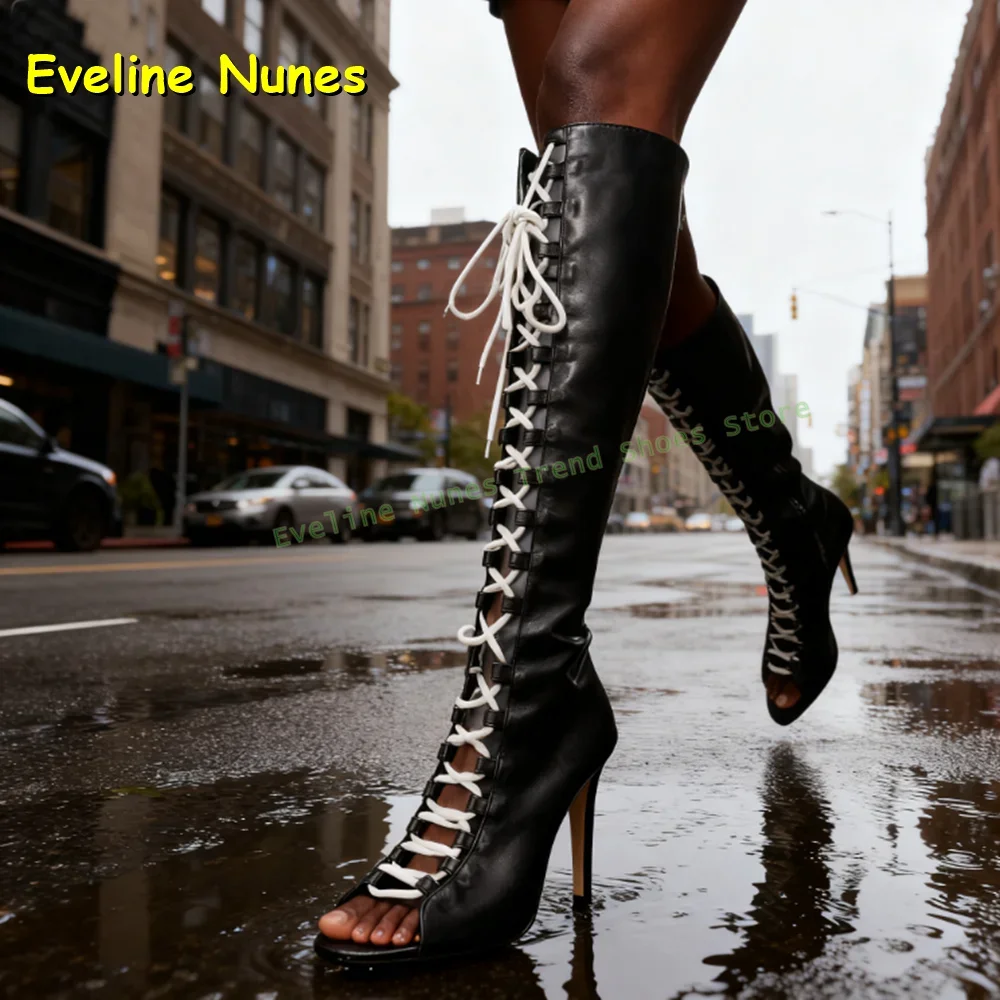 الأبيض والأسود قطع الدانتيل يصل المرأة موضة حذاء برقبة للركبة اللمحة تو الصليب تعادل مثير المصارع 2025 الخريف الشارع نمط الأحذية
