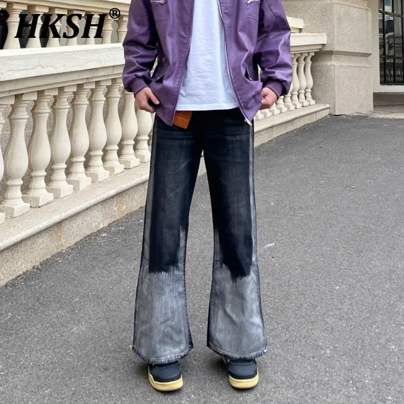 

HKSH American High Street Vibe Micro Flared Denim Pants Dirty Fit Distressed Splashed Ink Coating Gradient Washed Jeans HK0921