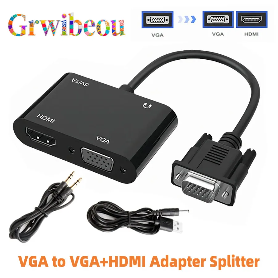Divisor adaptador compatible con VGA a VGA + HDMI con convertidor de Audio y vídeo de 3,5 Mm compatible con pantalla Dual para proyector TV PC multipuerto