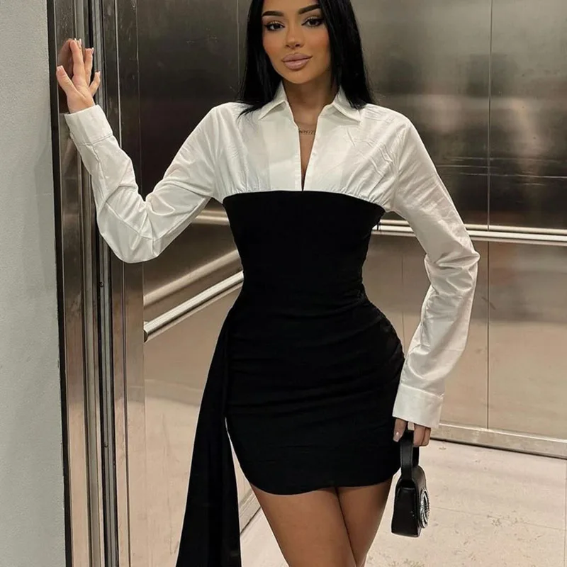 Doyerl noir blanc Patchwork à manches longues chemise robe femmes printemps automne col rabattu gaine mince Club fête Mini robe