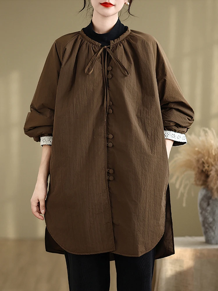 

2025 New Women Clothing Vintage Literary Light Weight Cotton-padded Parkas Coat Casual Loose Irregular Quilted Outerwear Tops