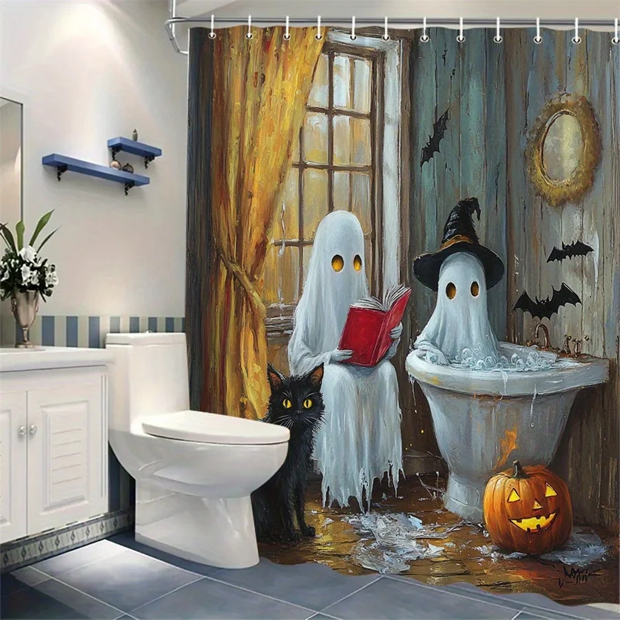 

Whimsical Halloween Shower Curtain - Ghosts Reading with Black Cat & Carved Pumpkin, Rustic Wooden Wall Design