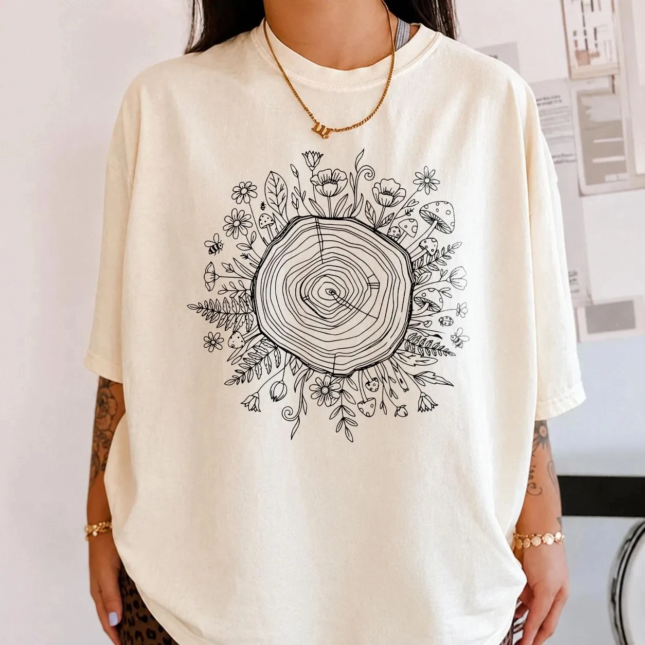 Summer Women's Retro Tree Ring Art Print T-shirt Cotton and Breathable Short Sleeve Streetwear Oversized Loose Casual