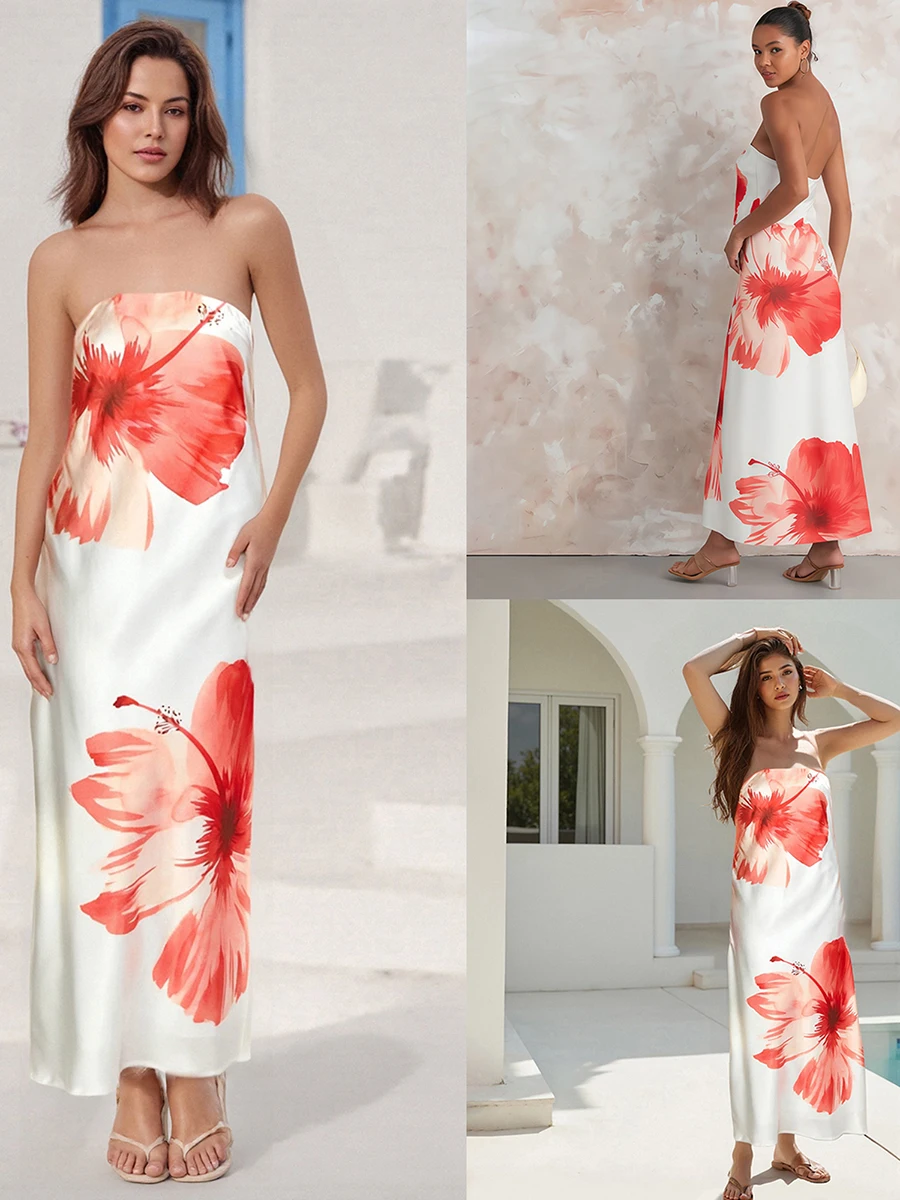 Women s Off-Shoulder Maxi Dress with Ruffle Detail and Boho Floral Print Elegant  Fit Bandeau Dress for Summer Beach