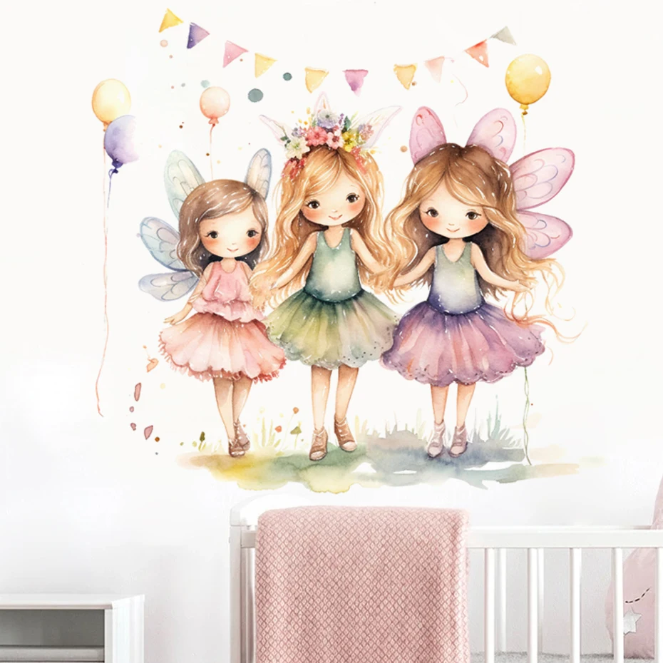 Watercolor Cartoon Fairy Birthday Party Wall Decal for Baby Room  Wall Sticker for Children's Room Nursery Home Decor