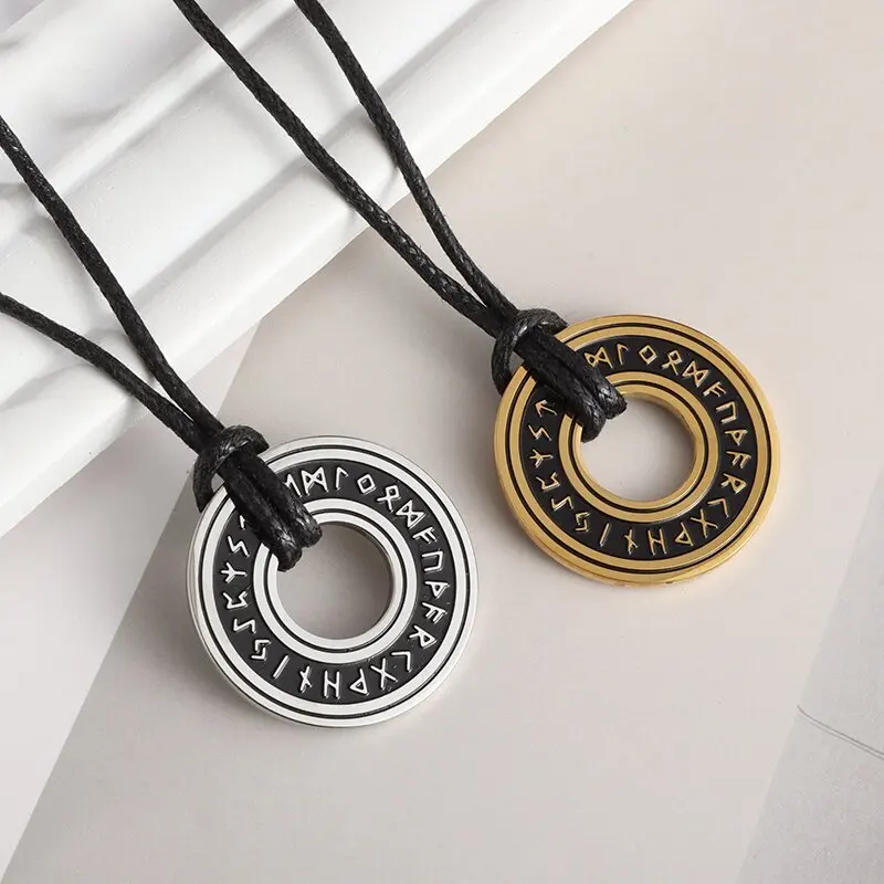 Vintage Norse Rune Circle Necklace with Adjustable Braided Leather Rope Chain for Men Women Nordic Amulets Jewelry Gifts