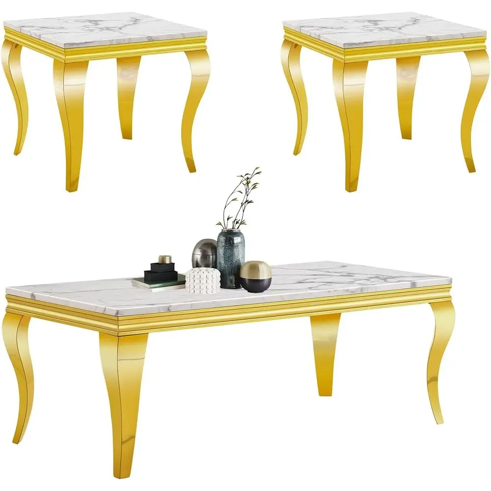 

3-Piece White Marble Top Coffee and End Table Set with Stainless Steel Legs for Home Office