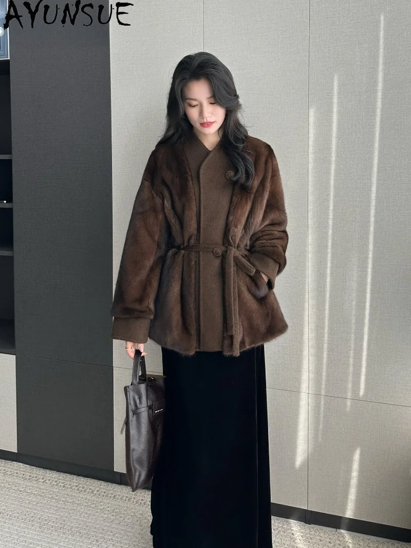 AYUNSUE Whole Mink Fur Jacket Winter Mink Women Coats Mid-length V-neck Clothing Real Fur Female Coat Luxury Fur Loose Fit