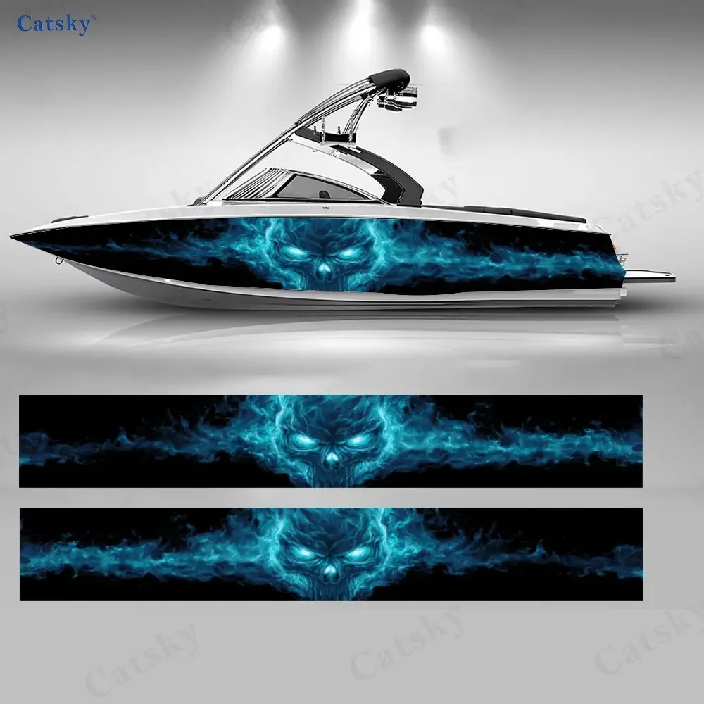 Cold Flame Phantom Skull Boat Stickers, PVC Waterproof Durable Vinyl Wrap Decals for Fishing Boats, Durable and Stylish Design