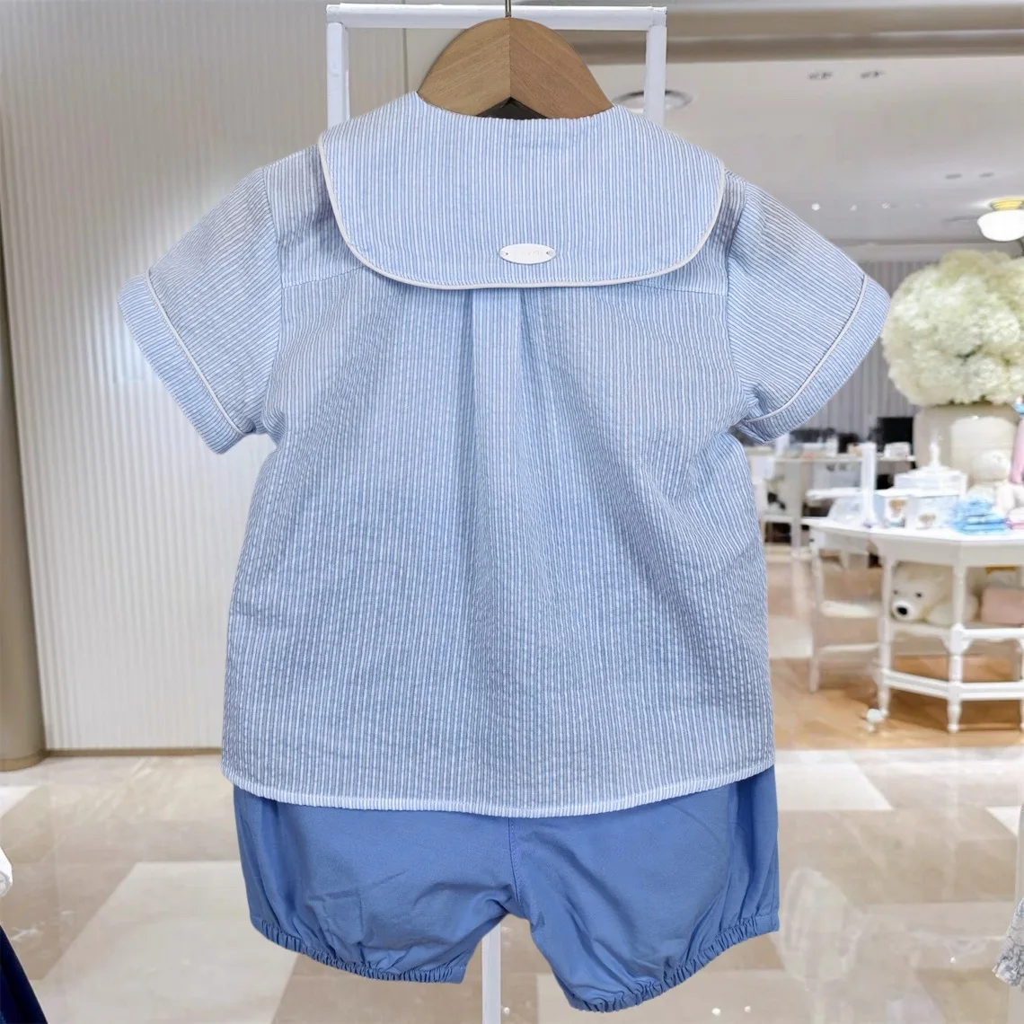 Summer Kids Boys 2 Piece Outfit Blue Striped Sailor Collar Shirt with White Tie Sailboat Embroidery Elastic Waist Shorts Set