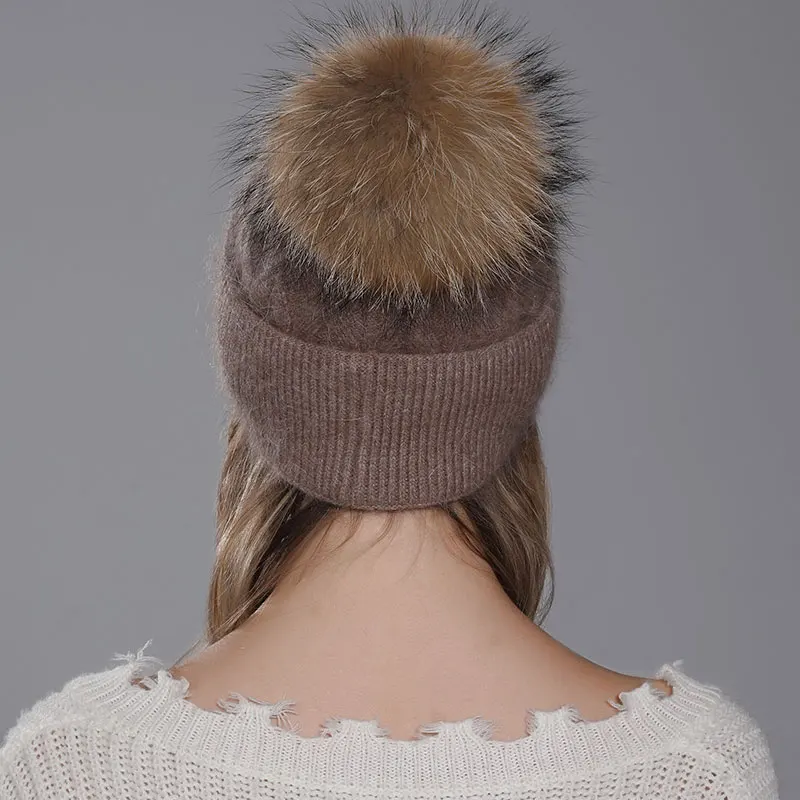 CNTANG-gorro de punto con pompón de piel de mapache Natural para mujer, gorro cálido de Angora de conejo, gorros de lana de invierno para mujer,