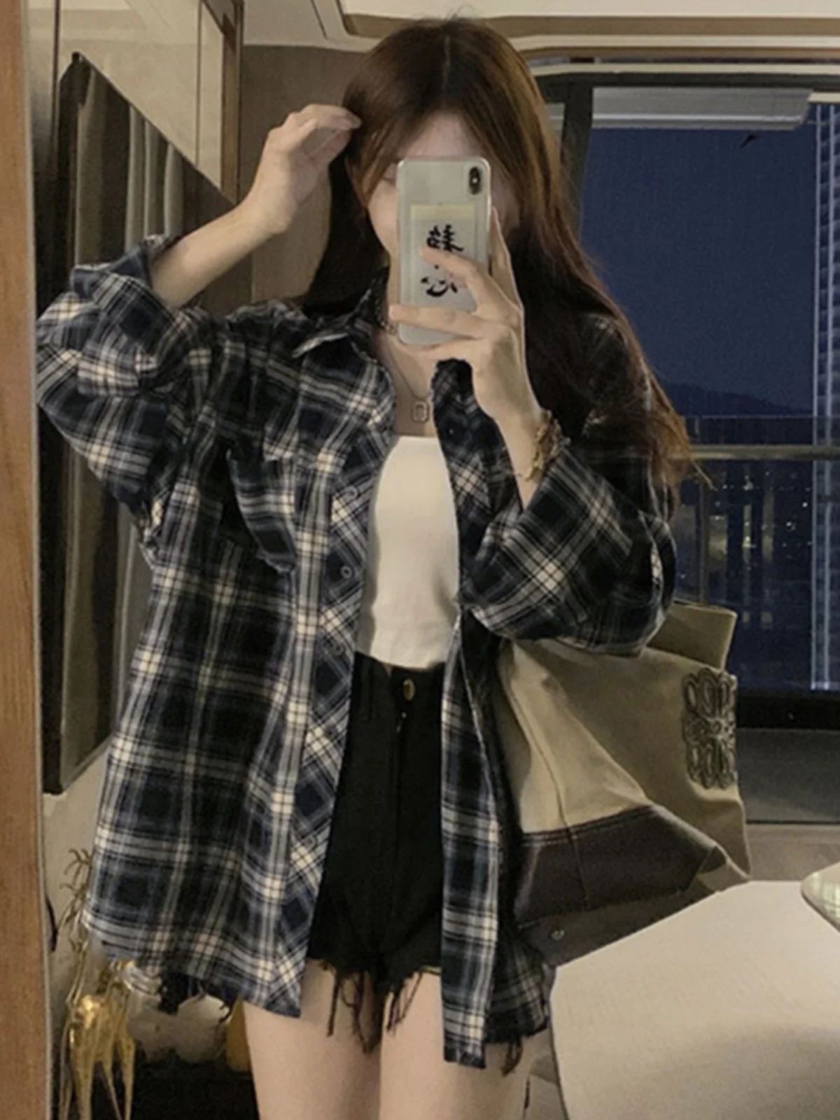 

Retro American Plaid irt Jaet Women's Loose Casual Versatile Long Sve Collar Top for Autumn New Arrival