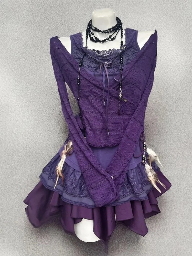 

American Retro Style Skirt Sets Subculture Y2k Cardigan+ Camisole + Short Skirt Three Piece Set Punk Vintage Female Skirt Suit