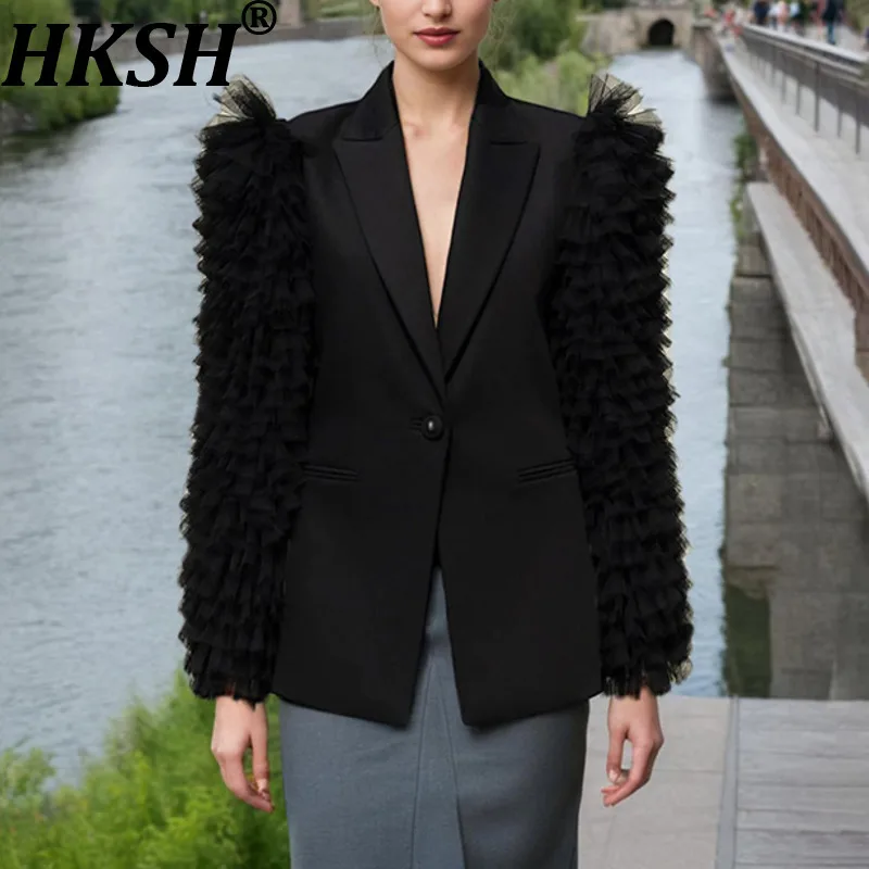 HKSH Spring Autumn New Women Blazer Notched Collar Single Button Patchwork Pleated Mesh Long Sleeve Elegant Fashion Coat HK18270