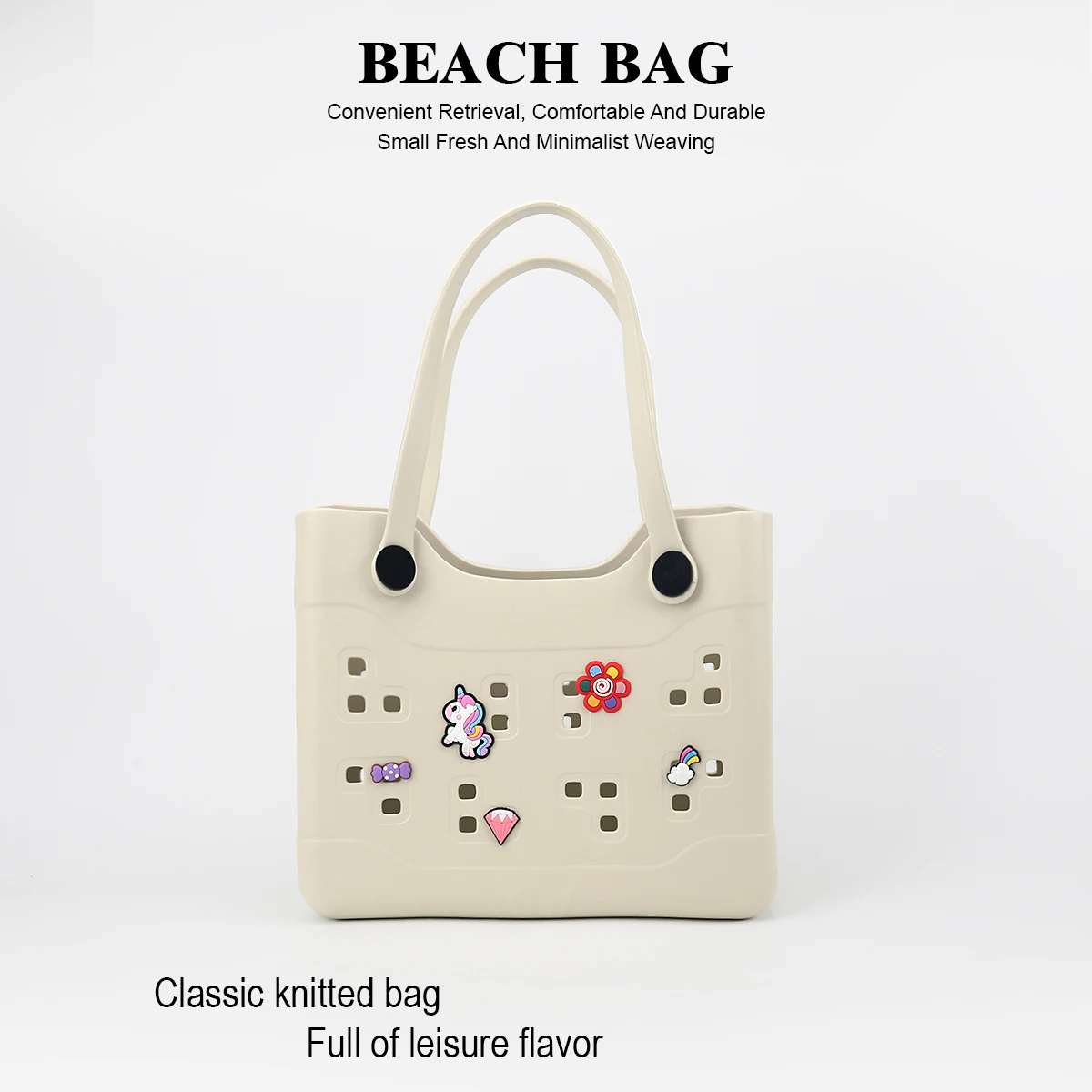1 Piece of Solid Color Eva Waterproof, Soft, Durable, and Wear-Resistant Rubber Beach Bag, DIY with Cute Unicorn Cartoon Accessories, Detachable Handle, Suitable for the Beach and Seaside, Large Capacity, Can Hold Items Such as Mobile Phones, Books, Swimsuits, Etc., Suitable for Travel, Vacation, Daily Shopping, and Commuting Use