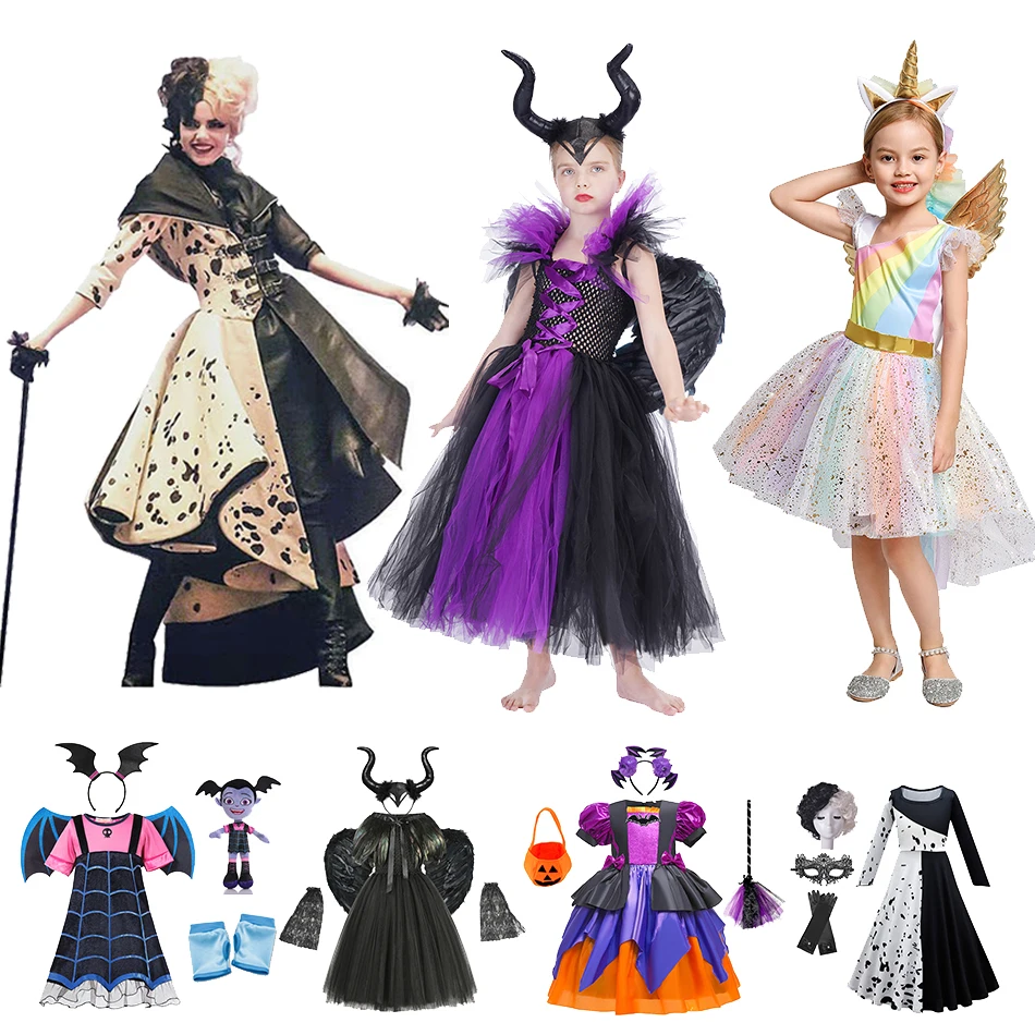 

Evil Queen Tutu Dress Maleficent Witch Cosplay Costume Devil Horn Wing Girls Party Halloween Vampirina Cruella Deville Clothes