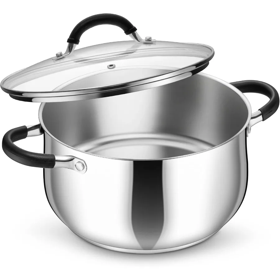 

6 Qt Stainless Steel Stock Pot with Visible Lid for Pasta Cooking TriPly Bottom and Dual Heatproof Handles Designed for Inducti
