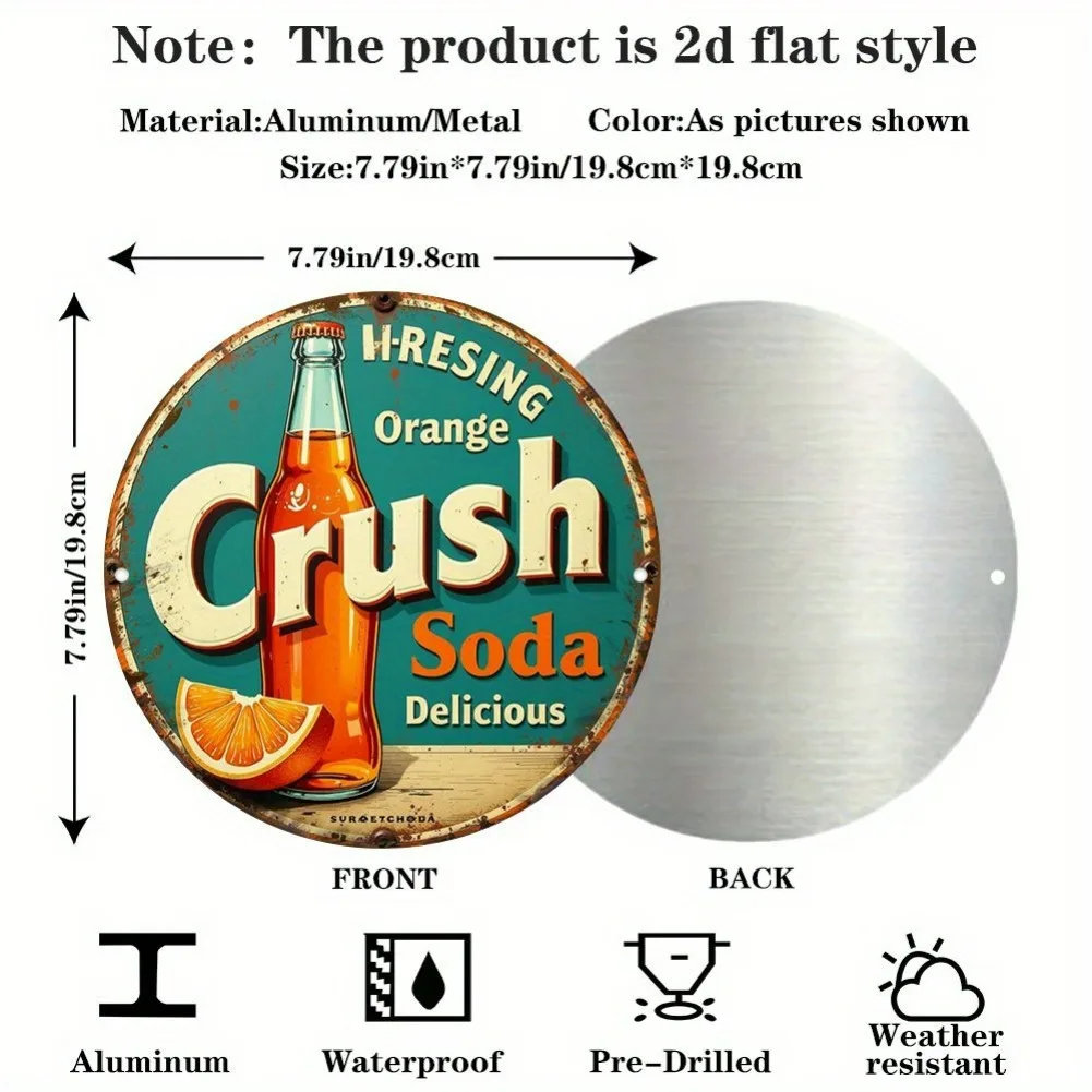 لافتة معدنية مسطحة ثنائية الأبعاد، قطعة واحدة من "HResing Orange Crush Soda" - ديكور عشاء قديم من الخمسينيات من القرن الماضي، أزرق مخضر - فن جداري من الألومنيوم خفيف الوزن