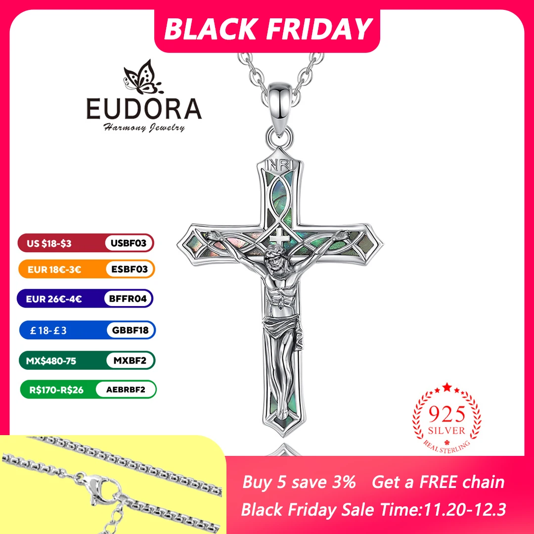 

Eudora 925 Sterling Silver Crucifix Cross Necklace Abalone Shell Jesus Pendant Christian Jewelry Religious Gift for Men Women