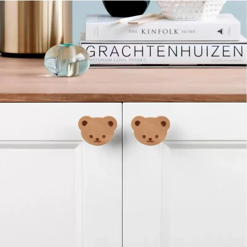 1/5Sets Wooden Door Handle with Screws Children\'s Room Cartoon Wood Furniture Handles Kitchen Cupboard Wardrobe Drawers Knobs