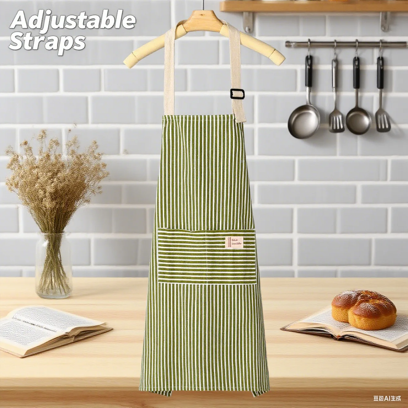 Delantal de lino de algodón a rayas con cinturilla fina de tela de algodón para mancha resistente al aceite, monos de café, delantal, accesorios de cocina