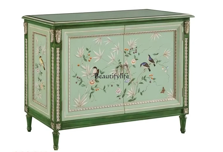 

French Style Solid Wood Artistic Painted Bird Floor Storage Cabinet Living Room Decorative Entryway Cabinet