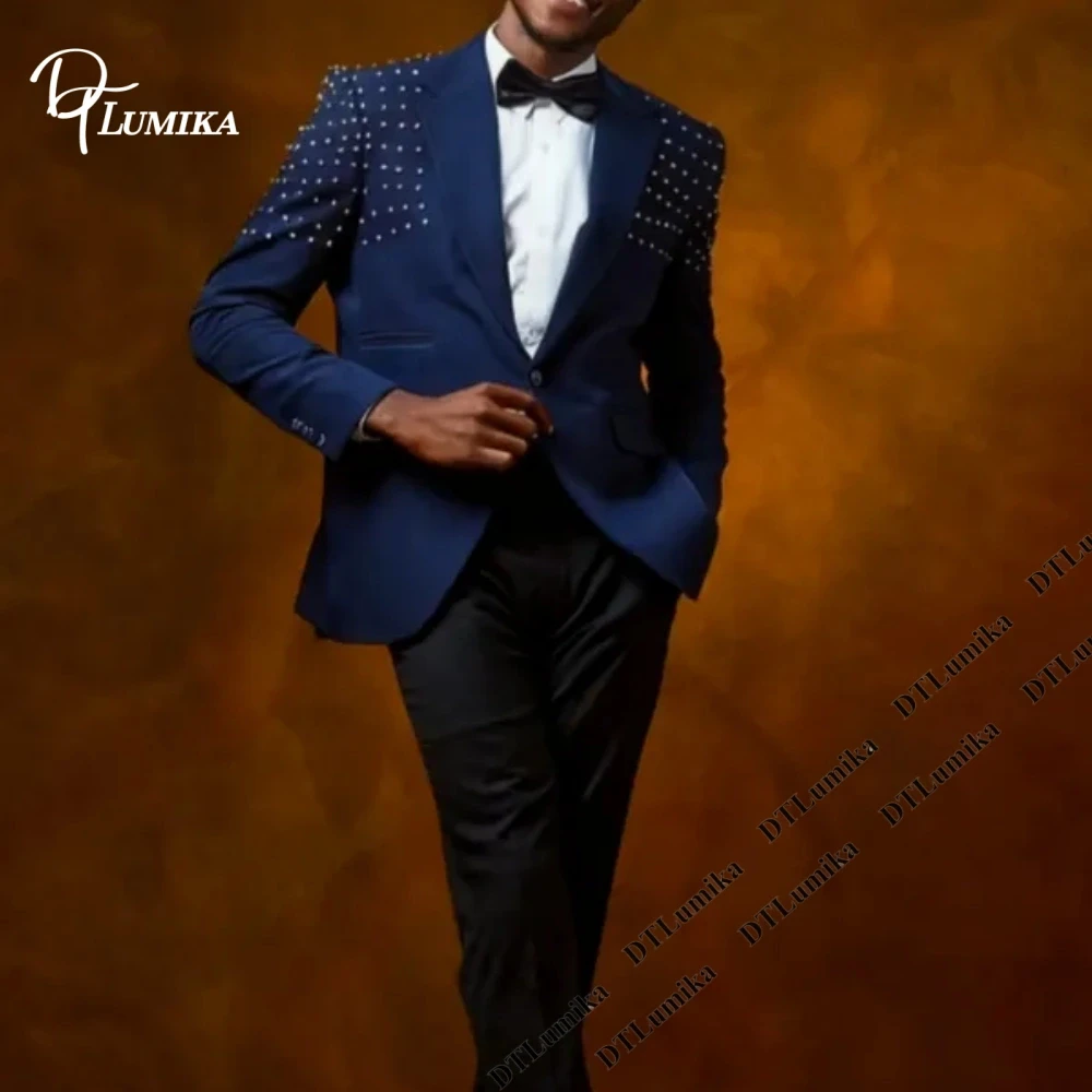 DTLumika Crystals Embellished Men's Black-Tie Party Tuxedo Jacket Pants Big & Tall Men Wedding Groom Suits One Button Blazer Set