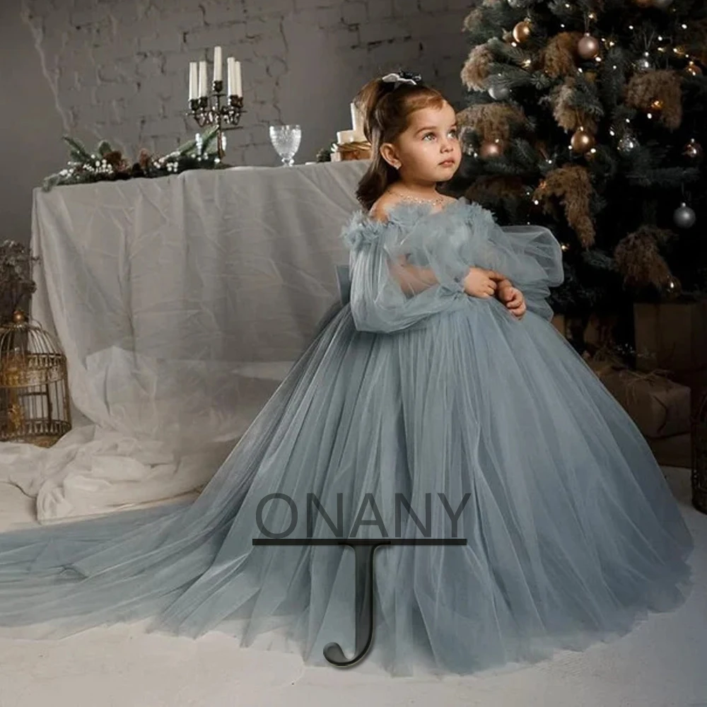 

JONANY Luxury Long Sleeves Flower Girl Dress Crystals Scoop Bow Ball Gown Little Girl Princess vestidos de primera comunion