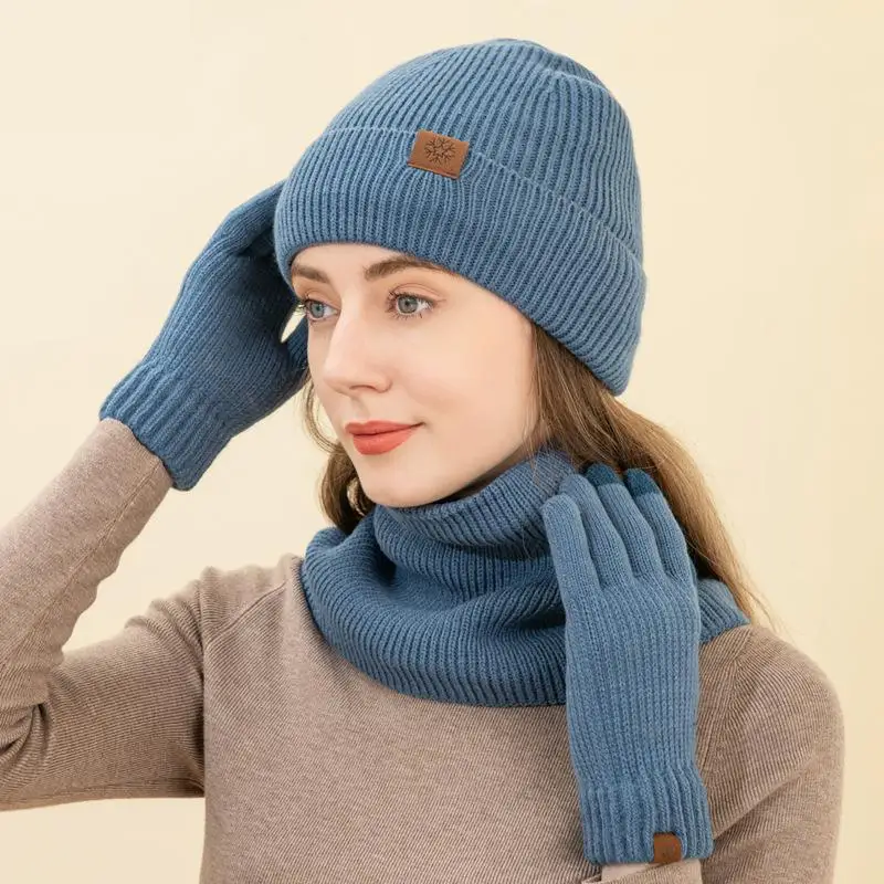 Gorro forrado de veludo para mulheres, chapéu de malha espessa, cachecol e luvas, tela sensível ao toque, mantenha acessórios quentes, 3 set, inverno