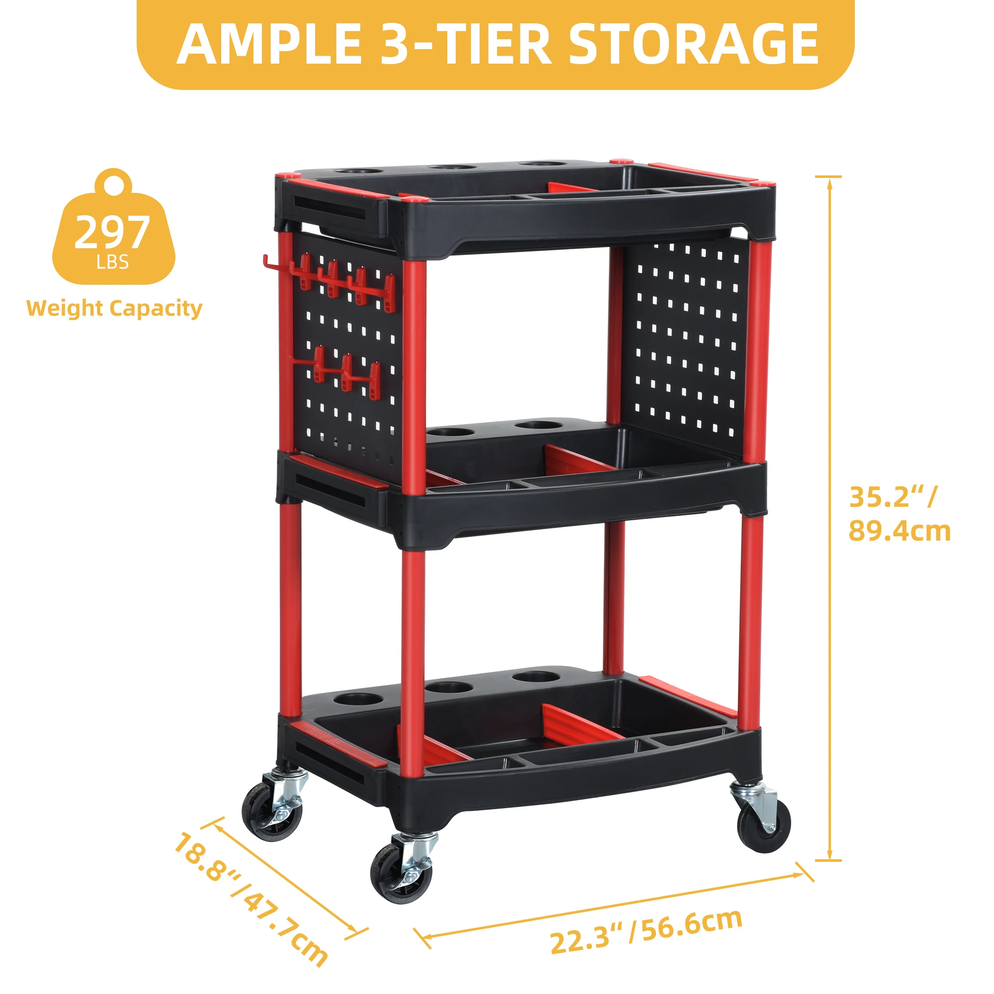 3 Tiers Auto Detailing Cart Car Wash Tool Organizer with Wheels Rolling Trolley