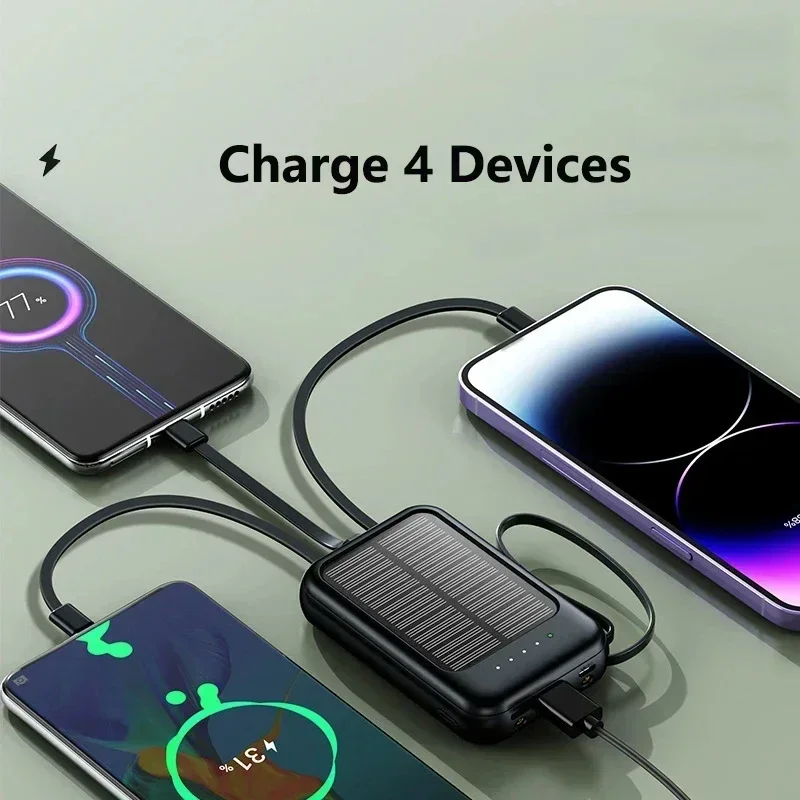 50000MAh Solar Power Bank Built Cables With Four-wire External Charger Portable Large Capacity Powerbank LED Light 2024