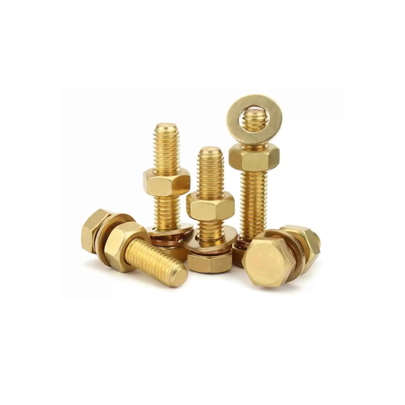 1/20sets Pure Brass Full Copper Screw Flat Spring Washer Nut Set Hex Head Bolt Assortment Kit M3 M4 M5 M6 M8 M10 M12