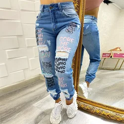 Women Denim Jeans Ankle Length Print Holes Pencil Pants Pockets Washing Slim Basics Zipper Fly Spring Flat Slight Strech